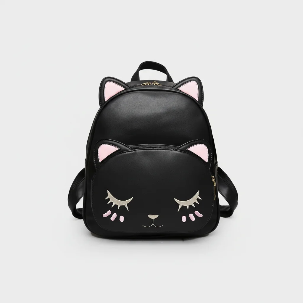 Petit sac à dos noir en cuir pu chat - Vue 1 - petit sac à dos