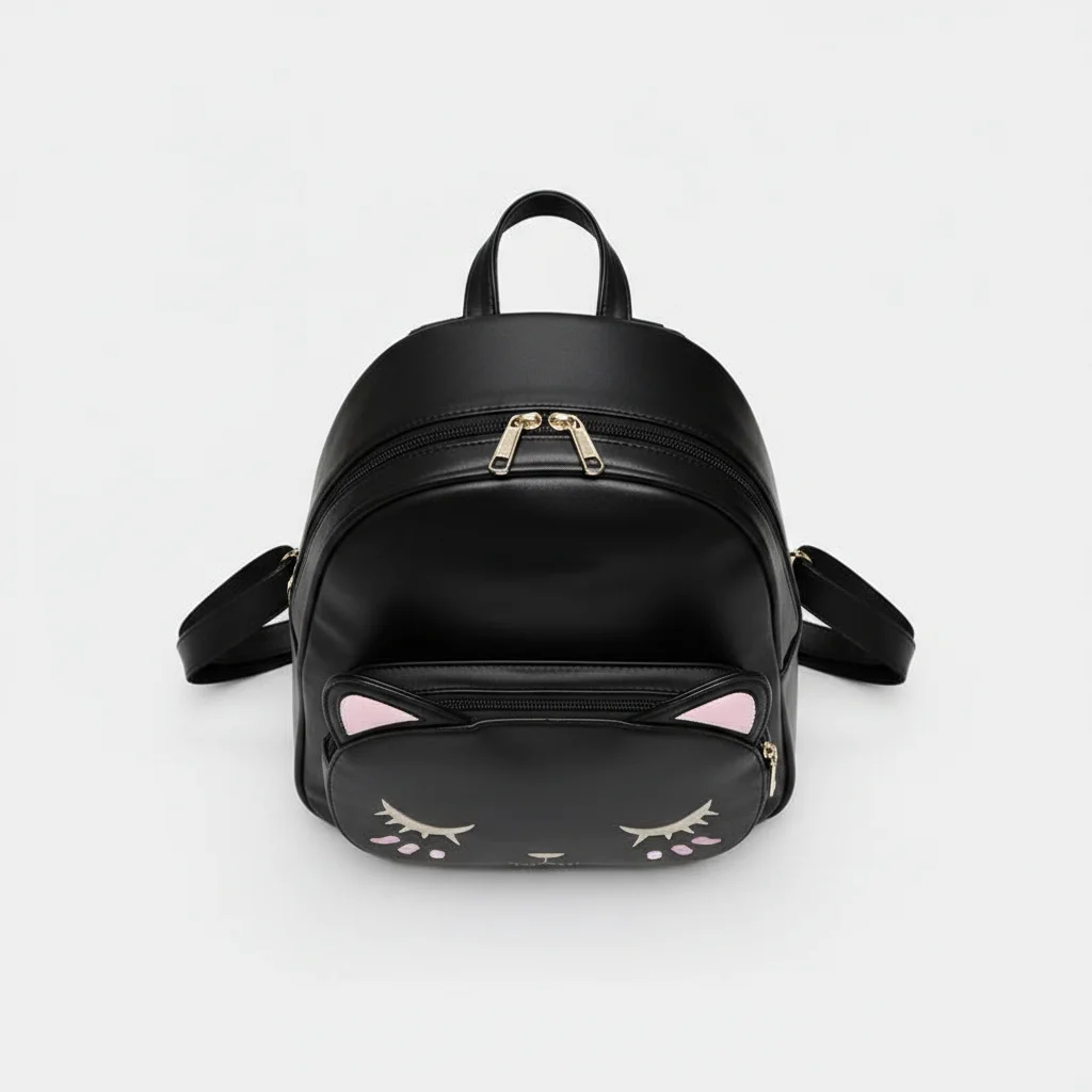 Petit sac à dos noir en cuir pu chat - Vue 3 - petit sac à dos