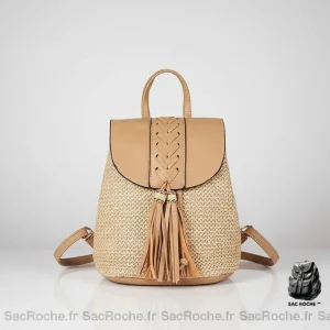 Petit sac à dos paille et cuir beige - Vue 1 - petit sac à dos
