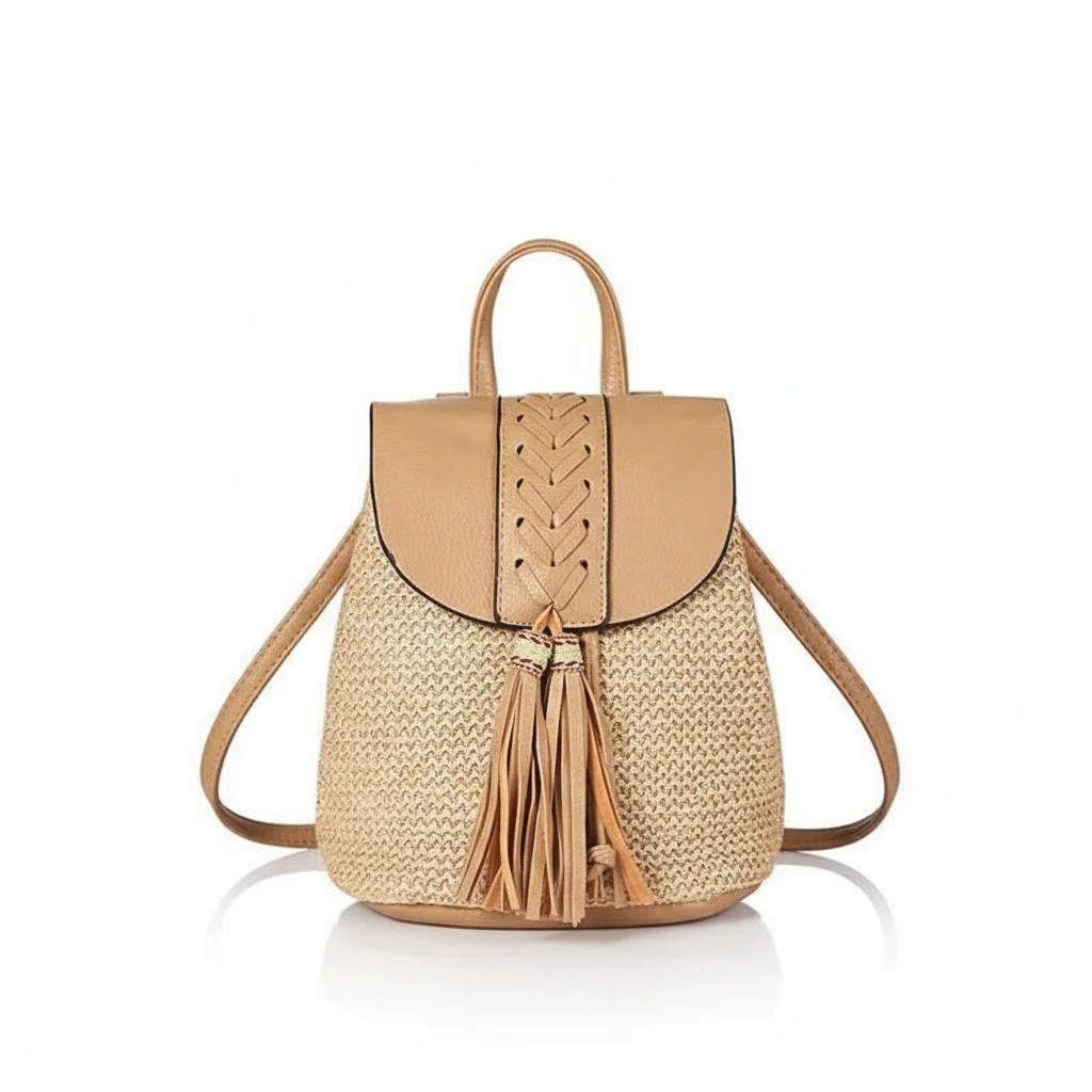 Petit sac à dos paille et cuir beige - Vue 3 - petit sac à dos