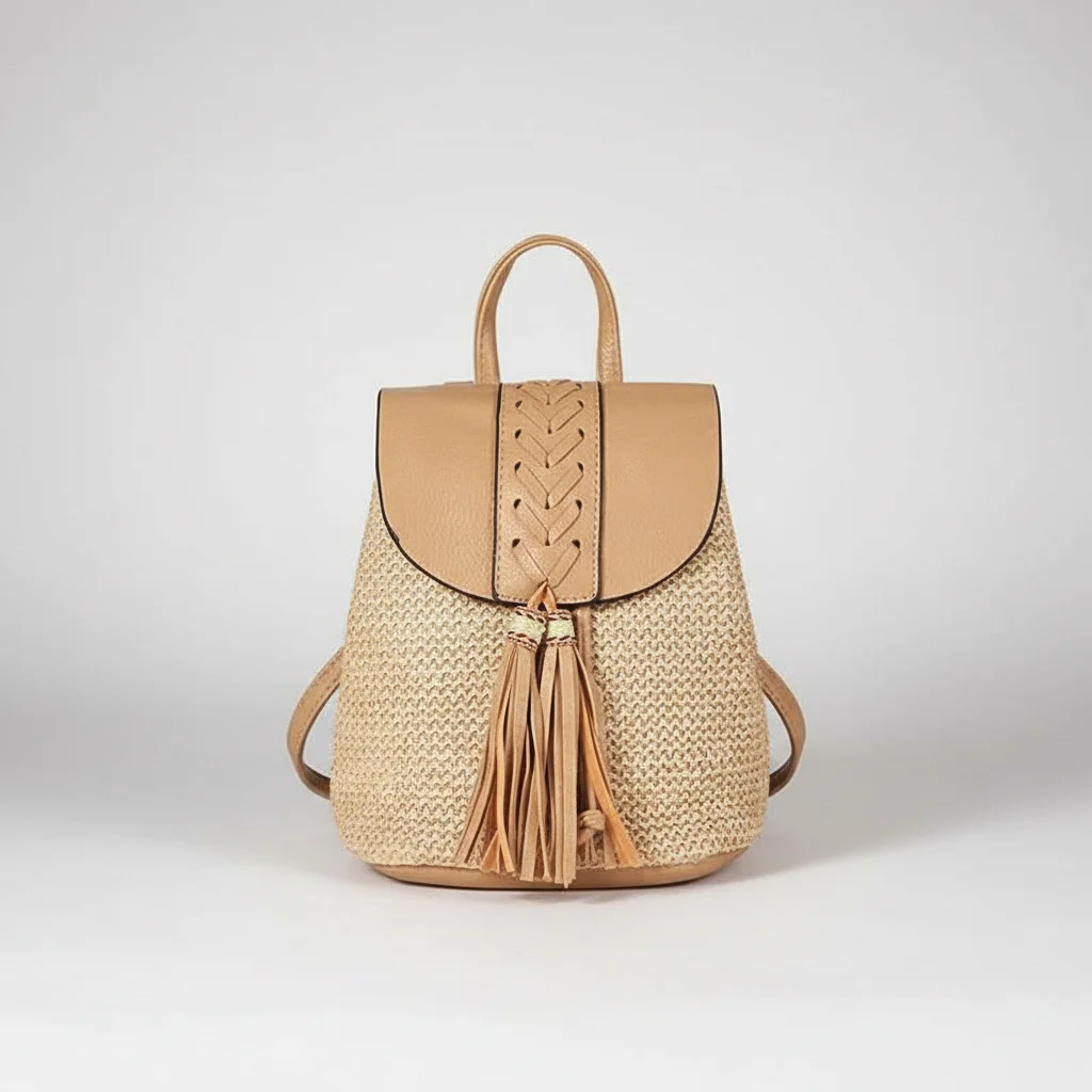 Petit sac à dos paille et cuir beige - Vue 4 - petit sac à dos