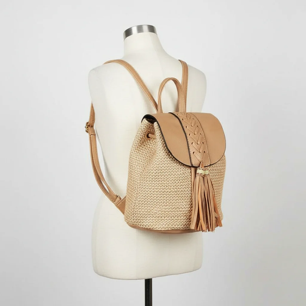 Petit sac à dos paille et cuir beige - Vue 5 - petit sac à dos