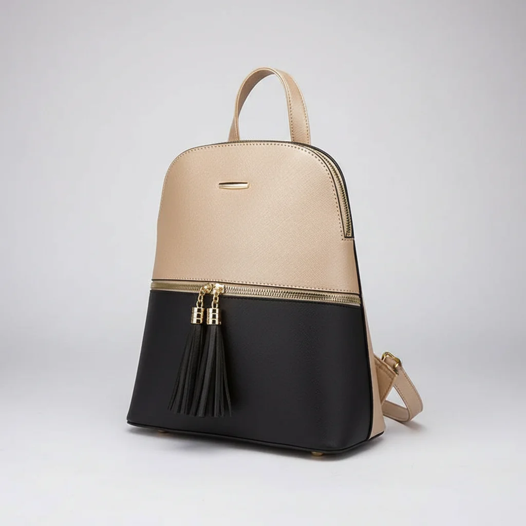 Petit sac à dos simili cuir beige et noir - Vue 4 - petit sac à dos