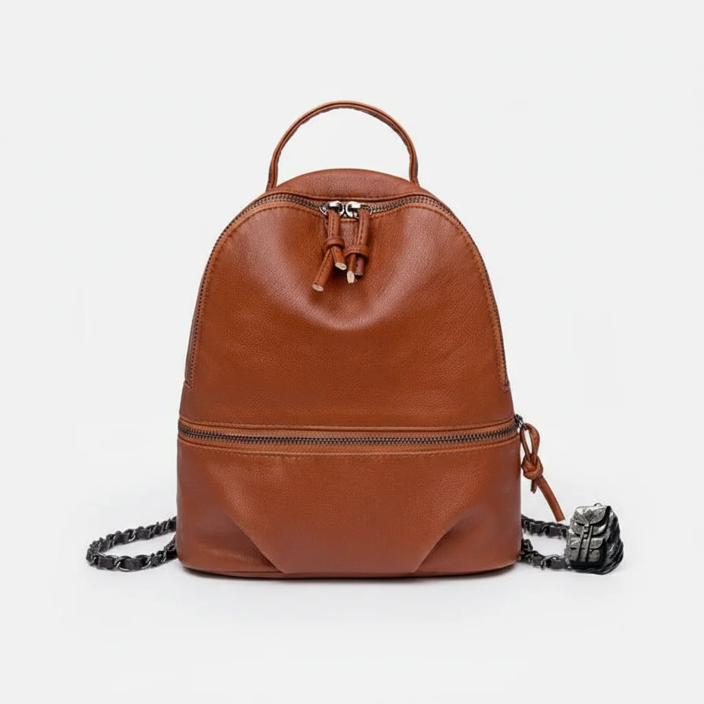 Petit sac à dos simili cuir chaînettes marron - Vue 3 - petit sac à dos